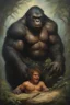 Placeholder: Bilbo Baggins, and Tarzan, an extremely ugly abomination of the Ratman bat werewolf gorilla monster barbarian sad sack - oil painting by Boris Vallejo