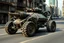 Placeholder: A scorpion-like, dobotic, battle-ready, worn-out tank car with large rims and tires, fully mechanical, on a street in post-apocalyptic cities.