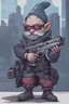 Placeholder: video game character, cyberpunk gnome, with a gattling gun