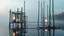 Placeholder: An architectural work on a misty lake at dawn, with vertical poles of weathered wood supporting inhabited cubicles encased in glass and glowing opalescent spheres, with autumn foliage reflecting in the water.