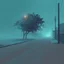 Placeholder: A schematic, nostalgic, horror vaporwave-style image of a dimly lit, foggy street in the outskirts with a pastel blue and brown color scheme. The street has a textured, rough surface. There is a tree in the corner. The background contains a few buildings. The overall atmosphere is eerie and foggy.