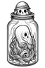 Placeholder: spooky ghost stuck in the jar idea, line art, background, vector, svg, black outline on white background, leave plenty of white space beetween lines for coloring, tattoo style, tattoo idea,full body, minimalist