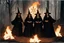 Placeholder: [very impressive high res masterpiece in Kodak Eastman 5247, scene by László Krasznahorkai] Three Witches from Macbeth surrounded by flames with a pentagram around them