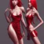 Placeholder: beautiful woman, red hair, mini dress, tall, long legs