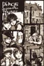 Placeholder: three teenage street children two boys and one girl in book-cover poses on the screen of an old town plus a black cat as a compagnion, comic style