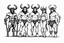 Placeholder: a creative line of creatures on the same specie: faun, satyr, centaur, minotaur from left to right. Standing for the purpose of a movie