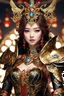 Placeholder: Realistic photography,front_view, Beautiful Queen fairy super model Chinese Woman, brown hair,dressing luxury party gown,looking at viewer,traditional dress ornaments mechanical armor china traditional, intricate armor, delicate golden shine bright, black metalic parts, detailed part, jewelry diamonds,dynamic pose,abstrac background, dynamic lighting, red hour, full body portrait