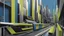 Placeholder: retro futurism style hustle and bustle, loop kick, (deconstruct:43), urban canyon, centered, great verticals, great parallels, hard edge, colors of metallic chartreuse and metallic steel blue