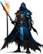 Placeholder: A commander with a matte black combat helmet and eyes with bright blue flaming pupils, a black cape and a long coat with long combat boots and a long, sharp and fiery spear and with his helmet under his cape and two blue flames instead of eyes