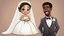 Placeholder: cartoon wedding, black man with a Caucasian Asian bride