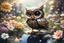 Placeholder: owl and small chibi duck in a flowergarden with beautiful flowers, pond, in sunshine, H.R. Giger, anime, steampunk, sürreal, watercolor and black in outlines, golden glitter, ethereal, cinematic postprocessing, bokeh, dof
