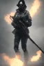 Placeholder: All Black female german soldier, ghost, wearing high tech mask, white smoke, dark, rage, sorrow, high definition, ultra 8 k, volumetric lighting, blue fire, fog