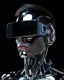 Placeholder: portrait shot, chromed male cyborg with vr glasses instead of eyes, shining chromed robot in dark background, floating