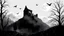 Placeholder: detailed graphic art, ruined gothic castle standing on a hill on the right side of the composition, full moon in the night sky, a few raven silhouettes flying near the moon, thick mist surrounding the hill, dark forest on the left side with twisted bare trees, a solitary black hooded figure standing at the forest edge looking toward the castle, mysterious atmosphere, ancient forgotten ruins, dark fantasy aesthetic, detailed linework, dramatic composition,
