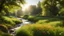 Placeholder: Beautiful realistic rural landscape, warm sunshine, lush plant growth, flowers, human habitation, brook, peaceful, delightful, idyll, award-winning photograph, detail, beautiful composition, attractive colour, chiaroscuro, rule of thirds