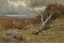 Placeholder: dry trees, autumn, clouds, rocks, one person, horror gothic movies influence, wilfrid de glehn and henry scott tuke impressionism painting