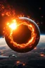 Placeholder: Planet earth is getting out an Intense worm Hole explosion in deep space. Wormhole apocalypse wipes out Universe. Worm-hole collision explodes in outer space. Epic galaxy with growing black hole. Cinematic interstellar