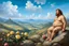 Placeholder: a handsome, fat man with a well-groomed, bearded face and long, curly hair. He is sitting naked on a rock, surrounded by a picturesque valley adorned with pink and yellow rose flowers. The spring sky above is adorned with breathtakingly beautiful clouds. like oil paintings 19th century