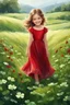 Placeholder: Adorable digital painting of a beautiful little girl in a gorgeous red dress smiling in a field surrounded by clover, high quality