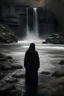 Placeholder: sad girl in black standing on the bank of a torrent of river and waterfall from far away gothic theme