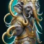 Placeholder: Sango fantasy, fantasy magic, intricate, sharp focus, illustration, highly detailed, digital painting, concept art, matte, art germ and Paul Lewin and Kehinde Wiley, masterpiece silver elephant head bronze monkey Asian African girl nice breast Hawaiian hair turquoise golden waves