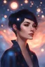 Placeholder: Christmas Themed --3D Bubbles, Floating hearts with an electrical current, fog, clouds, somber, ghostly mountain peaks, a flowing river of volcanic Lava, fireflies, a close-up, facial portrait of a totally gorgeous woman with short, buzz-cut, pixie-cut Black hair tapered on the sides, wide open, cobalt blue eyes, smiling a big bright happy smile, wearing a hoodie over a red bikini, in the art style of Boris Vallejo