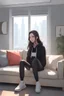 Placeholder: A portrait of a scared woman with long ((brown hair)) without bangs, ((red eyes)), pale skin; wearing a long-sleeved black sweatshirt; sitting on a couch; modern living room setting; By artist "anime", 3d anime art, inspired by WLOP, Artstation, #genshinimpact pixiv, extremely detailed, aesthetic, concept art, ultrafine detail, 8k resolution, vray tracing