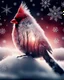 Placeholder: Create the silhouette of a cardinal in containing Double Exposure, a frosted berry woodland at sunrise; delicate branches form feather patterns, soft crimson highlights against snow-white textures, refined Christmas elegance. Background is black with many large snowflakes.