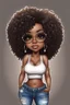 Placeholder: Create a whimsical chibi image of a black female with shoulder length tightly curl ombre afro, black silky and brown eyes. Long eye lashes wearing a torn jeans and tank top with diamond studded "pretty" on the front, sandals , plus size body style. Diamond studded glasses and hoop earrings forward facing, 2k, white background