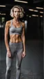 Placeholder: photography of a beautiful anorexic woman, grey satin sports bra, sports illustrated, blond short wavy bob haircut, pronounced sternum, grey running leggins