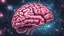 Placeholder: Comic style, bare transparent pink human brain flying trough the universe, background galaxy's