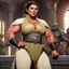Placeholder: over muscular Princess Leia in her iconic Jabba's servant outfit with gigantic biceps with veins in the training room