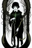 Placeholder: 7 year old boy, necromancer, friendly, looks dead,with a lamprey serpent , wearing black robes, in the style of Harry Clarke