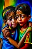 Placeholder: a girl hug her brother and both crying sadly, expressionism, Pixar style, in abstract art Basquiat, Picasso, Miro, Kandinsky, Klee, Birell, Fairey, Ardon, Buffet and Picasso style, HD --s 750 --v 5.1 --style raw, water color