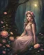 Placeholder: Painting of a beautiful girl, beautiful, haunted forest, flowers on her head, glitter dress, young girl, digital painting, fantasy art, pretty face, inspired by Thomas Kinkade, anime portrait, barbie face, big eyes, bright eyes, dream, trees, forest background, dark night, song, glitters background, fantasy, high quality, 8k