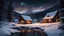 Placeholder: a cabin at night with snowy hills a small river at night and a cozy cabin in nature .