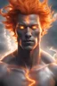 Placeholder: a slim muscular god with galaxy's in his eyes, glowing orange hair that looks like it's made of the sun, a light gray body made of clouds with glowing cracks of orange within it in cloud patterns. lightning crawls up his face. necklace made of water. realistic 4k