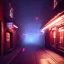 Placeholder: liquor store ,alleyway , street view, night time , unity, scriptable render pipeline , lighting , volumetric , global illumination, fog ,red emission , purple tone.