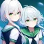 Placeholder: Clear focus, High resolution, white hair, short hair, long locks, fluffy hair, between eyes,green eyes, wearing a sailor uniform, frowning, half closed eyes