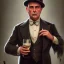 Placeholder: A 1930s Italian-American businessman with a bowler hat and a tattered suit. He is fat and sad. He holds a bottle of alcohol in his hand