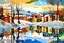 Placeholder: Landscape , winter, lit village, sunrise, lake, snow, bright, cottonwood trees, old buildings, reflections, w , high detail,4k, in style of Wassily Kandinsky