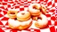 Placeholder: just Sugar-coated fluffy no holes Donuts lies on a red Checkered Cloth, high realistic, detalied, random background, perfect food Photo