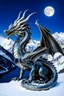 Placeholder: a weird beautiful metallic dragon sculpture sitting on the snow. The dragon sculpture looking the full moon on the dark sky. the high artistic nature of the animal sculpture and the serene atmosphere of the snow and high winter mountains setting. stunning, high detailed