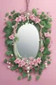 Placeholder: Create an Artwork of a Mirror with ivy branches and pearls necklace, Like a creative Logo for a Varasity Jacket, illustration. Colors should be pink and green