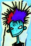 Placeholder: 2d drawing of a stickman, cool with punk hair, x eyes like hangman, close-up, side view bended looking into the camera, smiling,in colour