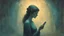 Placeholder: woman, soft lighting, elegant, detailed, vintage style, cool tones, holding phone, art by Zdzislaw Beksinski