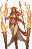 Placeholder: Female eladrin fire druid. Long hair with fire texture and golden vibes. Big red fire eyes. Skin color is tanned. Has a crossbow. She makes fire with her hands