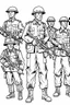 Placeholder: Outline art for coloring page OF A 1940'S TOY SET OF FOUR SMALL AMERICAN PLASTIC TOY ARMY SOLDIERS, coloring page, white background, Sketch style, only use outline, clean line art, white background, no shadows, no shading, no color, clear