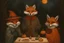 Placeholder: woodland fox , art noveau inspired, art, Alphonse Mucha, painting, deep rich reds and oranges, ultrarealism, windswept fur, mischief, halloween, pumpkins, fun and happy, joyous, vintage card, oil painting