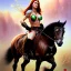 Placeholder: oil Portrait on canvas of busty beautiful young Red Sonja Riding a Black Horse, with big crystal clear green eyes looking to viewer, nose piercing , tattoos , with ruby necklace by Adam hughes 8k